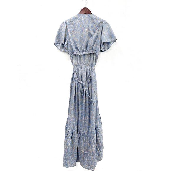 Xirena Gabrielle Dress Blue Floral Midi Tiered Back Cutout V-Neck Sz L - Picture 10 of 10